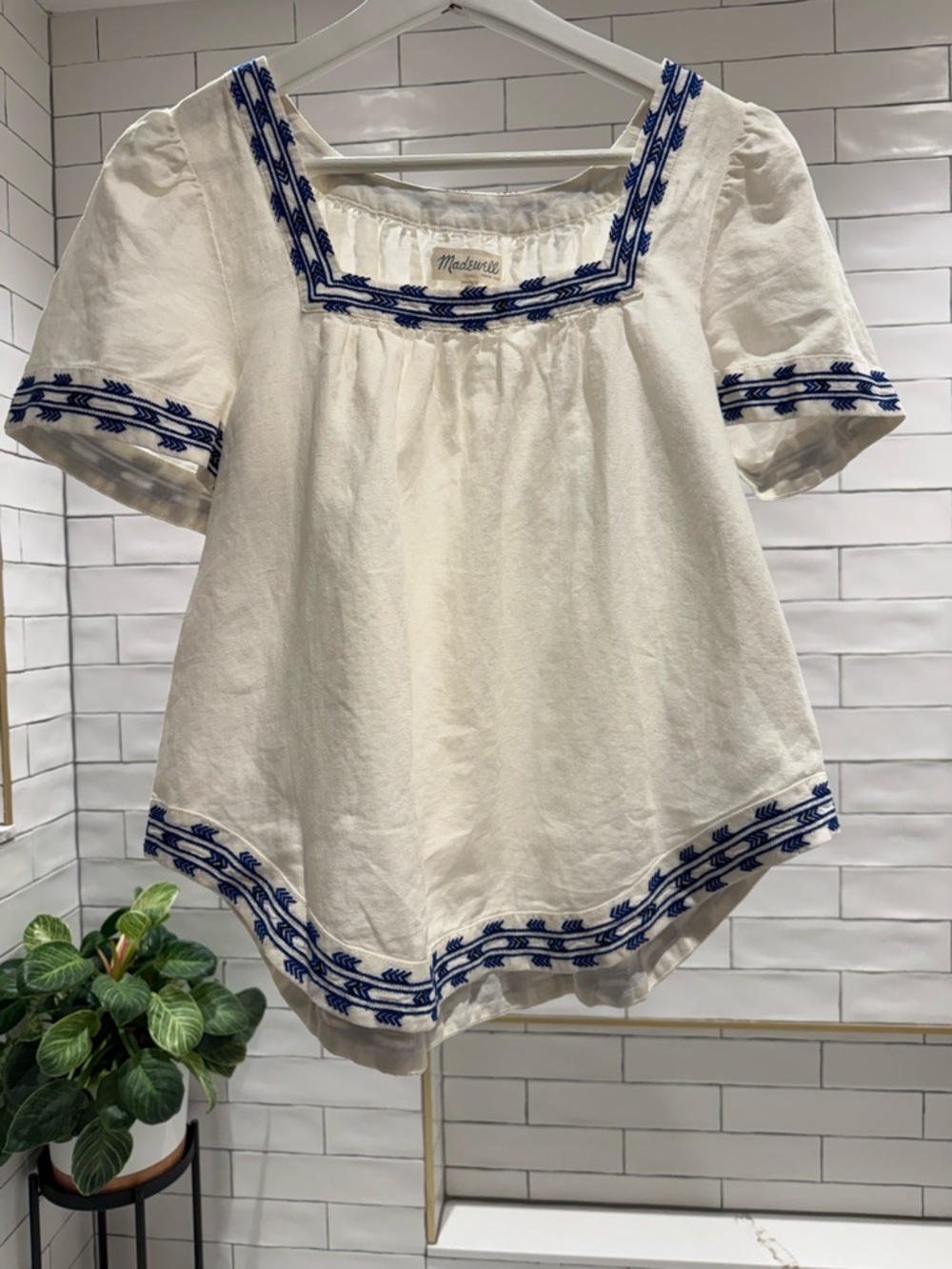 Madewell White Square-Neck Tunic with Blue Embroidery